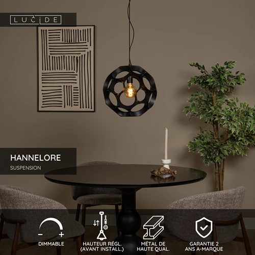 Lucide HANNELORE - Suspension - Ø 40 cm - 1xE27 - Noir - USP
